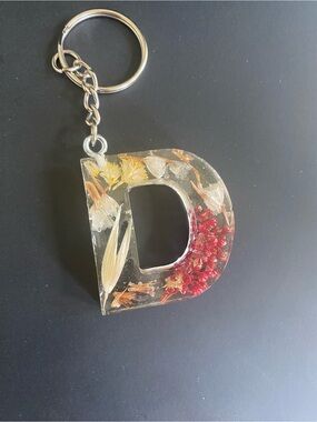 Resin Letter ‘D’ Keychain with Dried Flowers - Clear, Handmade
